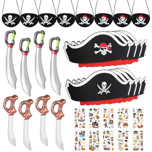 Wendergo 34 Stück Piraten Zubehör Set, Pirat Augenmaske Piratenhut Kinder Aufblasbares Piraten SpielzeugT attoo Aufkleber, Piraten Kindergeburtstag Set für Geburtstag Halloween Maskerade Piratenparty von Wendergo