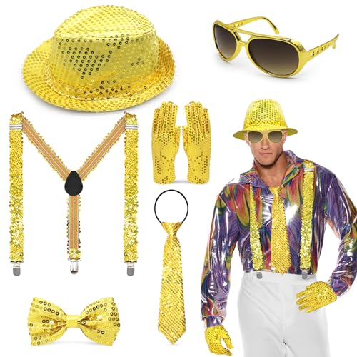 Wendergo 6 Stück Glitzer Accessoires Herren, Gold Herrenhut und Sonnenbrille Pailletten Hosenträger Fliege Krawatte, 70er Jahre Glitzer Outfit Herren für Fasching Party Jazz Dance Performence (Gold) von Wendergo