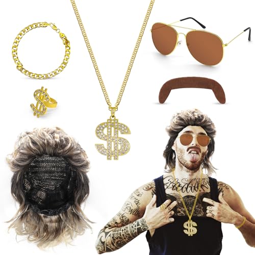 Wendergo 6Stück Dollar Kette Set, Gangster Gang Hip Hop Zubehör mit Halskette Armband Ring, 70er 80er 90er Outfit Herren Kostüm Hiphop für Mottoparty Halloween Karneval Fasching Cosplay Kostüm von Wendergo