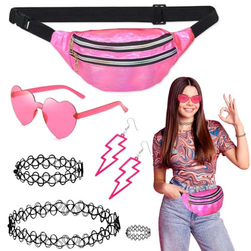 6 Stück 90er Jahre Accessoires, 80er 90er Jahre Gepudert Bauchtasche mit Halsketten Armbänder Ringe Brillen Ohrringe, 80er Jahre Kleidung Damen Set für Hippie Neon Karneval Cosplay Kostüme Accessoires von Wendergo