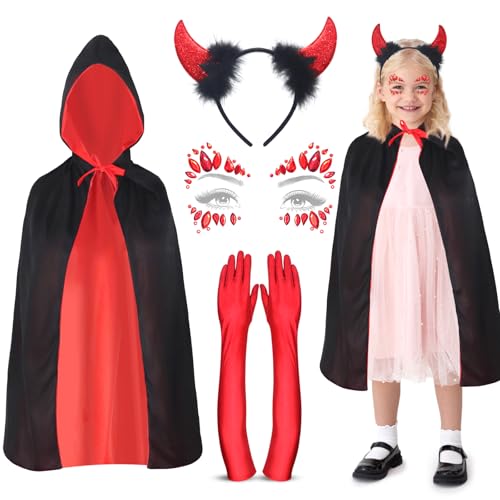 Wendergo Karneval Halloween Deko, Umhang mit Kaputze, Cosplay Party Teufel Kostüm mit Teufel Hörner Haarschmuck Haarreifen (color-125) von Wendergo