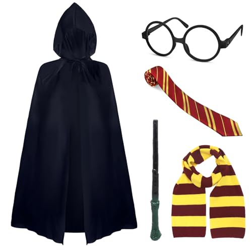 Wendergo 5-teiliges Erwachsene Kinder Zauberer Kostüm, Magier Robe mit Krawatte Brille Zauberstab Schal, Cosplay Kostüm für Halloween Karneval Geburtstag Verkleidung Party (125Rot) von Wendergo