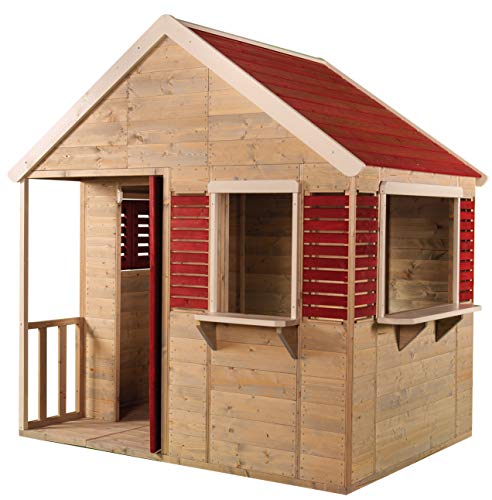 Wendi Toys M12R Spielhaus Kinder Outdoor Summer Villa mit Volltür, Fensterläden und Veranda, 120x155x168 cm, Rot Kinderspielhaus aus Holz FSC, ideal für 3-7 Jahre Kinder Gartenhaus von Wendi Toys