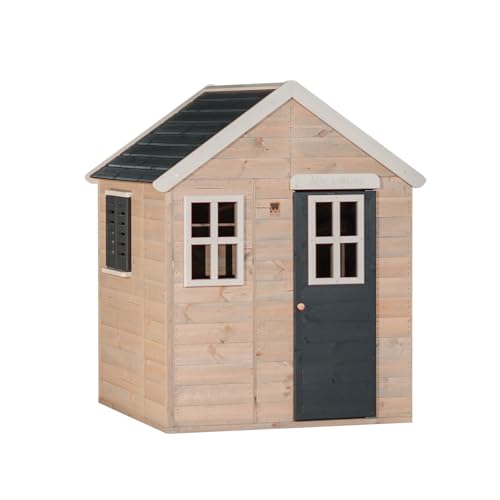 Wendi Toys M18G Spielhaus Kinder Outdoor Holz, Gartenhaus Kinder 120x120x155 cm, mit Fensterläden & 3 Fenstern, Wasserdichtes Dach, Leicht Aufzubauen, Kinderhaus Outdoor in Grau, Holzhaus Garten von Wendi Toys