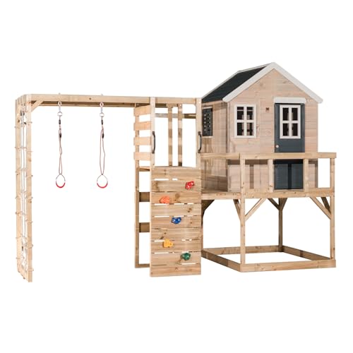 Wendi Toys M21G-G Spielhaus Kinder Outdoor, Quadro Klettergerüst mit Plattform, Kletterwand & Turnringen, Grau, FSC Holz, 197 x 356 x 242 cm, Kletterturm Outdoor, Spielhaus Holz für Kinder von Wendi Toys