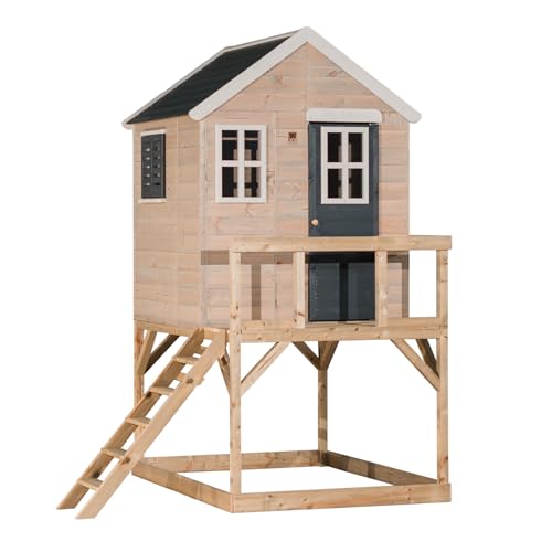 Wendi Toys M21G Graues Outdoor-Spielhaus mit 90 cm Plattform, Fensterläden & 3 Fenstern, 167x197x242 cm, strapazierfähiges FSC-Holz - ideales Gartenspielgerät für Kinder, Holzspaß im Freien von Wendi Toys