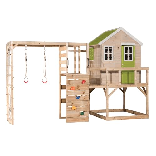 Wendi Toys M21L-G Kinder Outdoor Spielhaus mit Turnset, 90 cm hohe Plattform, Kletterwand & Ringe, 200x360x242 cm, grün, aus robustem FSC-Holz - Aktiver Gartenspielplatz von Wendi Toys