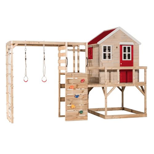 Wendi Toys M21R-G Gartenhaus Holz mit Klettergerüst Garten, 90/120 cm Plattform & Turnringen, Rot, FSC Holz, 197 x 356 x 242 cm – Spielhaus für den Garten, Spielplatz für Garten von Wendi Toys