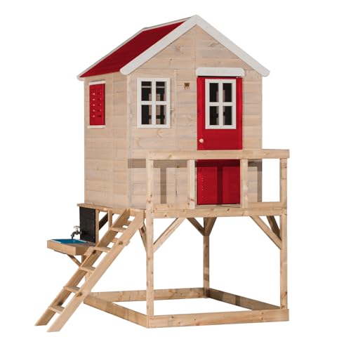 Wendi Toys M21R-K Outdoor Spielhaus mit Küche und 90 cm Plattform, 160 x 190 x 242 cm, Rot, FSC Holz, Kinderspielhaus für Gartenabenteuer mit Wasserhahn und Backofenringen, Spielhaus Kinder Outdoor von Wendi Toys