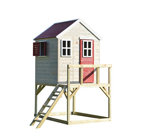 Wendi Toys M21R Kinderspielhaus für draußen mit 90 cm hoher Plattform, funktionalen Fensterläden und 3 Fenstern, 167 x 197 x 242 cm, rot, Holz – Klettergerüst für draußen, Gartenspielzeug für draußen von Wendi Toys