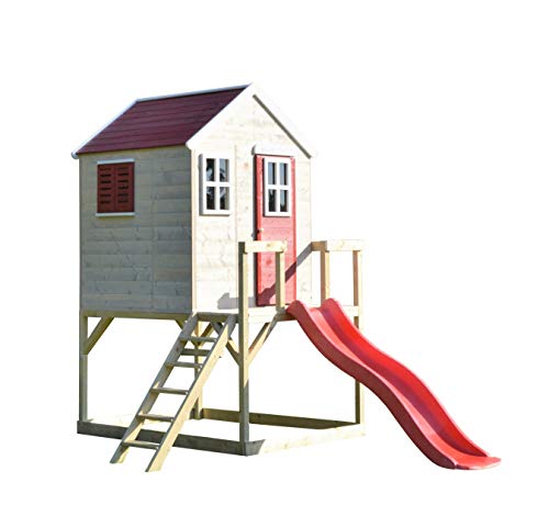 Wendi Toys M22R Kinderspielhaus Outdoor Holz mit Plattform und Rutsche, 3 Fenstern, 290x200x242 cm, Rot – Spielhaus Kinder Outdoor, Kindergartenhaus, FSC Holzspielhaus für draußen, 3-7 Jahre von Wendi Toys