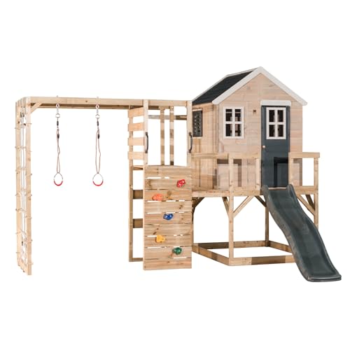 Wendi Toys M22G-G Outdoor Gym Set für Kinder, 340 x 360 x 242 cm, graue Holzstruktur mit Kletterwand und Rutsche, langlebiges Design für aktives Spielen von Wendi Toys