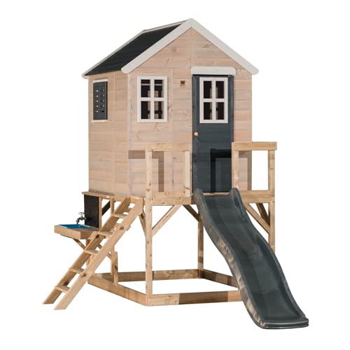 Wendi Toys M22G-K Spielhaus Kinder Outdoor mit Rutsche und Matschküche, 310 x 197 x 242 cm, Grau, FSC Holz, Kinderspielhaus für Garten, Gartenhaus für Kinder 3-7 Jahre, Outdoor-Abenteuer im Freien von Wendi Toys