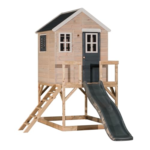 Wendi Toys M22G Outdoor Spielhaus Kinder Holz mit Plattform und Kunststoffrutsche, 3 Fenstern, 290x200x242 cm,Grau – Gartenspielhaus, Kinderspielhaus Holz für Garten, wetterfestes Outdoor-Spiel von Wendi Toys