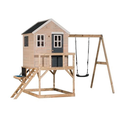 Wendi Toys M23G-K Fantasievolles Spielhaus mit Küchenset und Einzelsitzschaukel, 90 cm Plattform, 190x350x242 cm, Grau – Hochwertiges Holz, Ideal für Outdoor-Abenteuer, Einfacher Aufbau von Wendi Toys