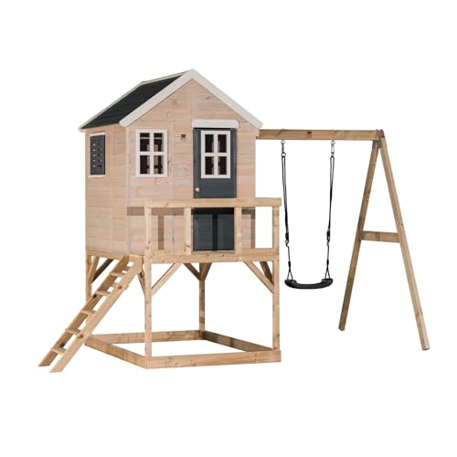 Wendi Toys M23G Outdoor-Spielhaus mit 90 cm Plattform, Schaukel, Fensterläden und 3 Fenstern, 190 x 350 x 242 cm, Grau – Holzspielhaus für Kinder, Gartenspielgerät von Wendi Toys