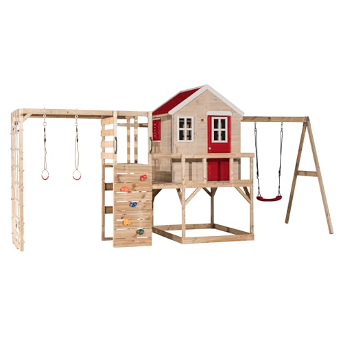 Wendi Toys M23R-G Spannendes Outdoor-Spielhaus mit Fitnesseinrichtungen, Einzelsitzschaukel, 90 cm Plattform, 200 x 510 x 242 cm, rot - stabile Holzkonstruktion für aktive Kinder, einfacher Aufbau für von Wendi Toys