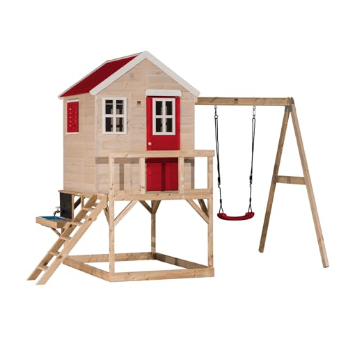 Wendi Toys M23R-K Kinder Gartenhaus mit Schaukel und Matschküche mit Wassertank, 192 x 350 x 242 cm, Rot, FSC Holz – Outdoor-Spielhaus mit Küchen- und Schaukelfunktion, von Wendi Toys