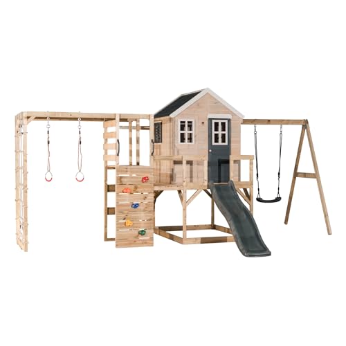 Wendi Toys M24G-G Holzhaus Kinder Outdoor mit Rutsche, Schaukel, und Klettergerüst Garten, 342 x 508 x 242 cm, Grau – FSC Holz Kletterturm Garten mit Turnringen, langlebig und wetterfest von Wendi Toys