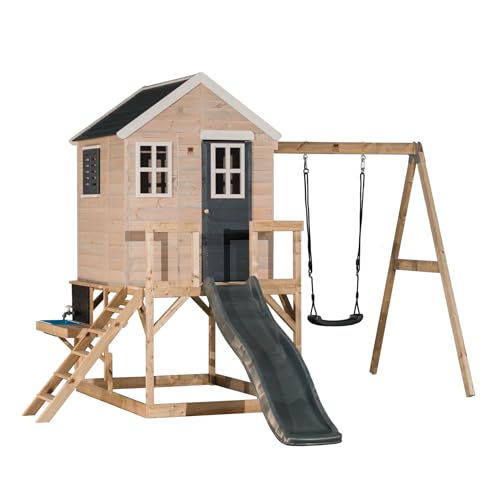 Wendi Toys M24G-K Gartenspielhaus mit Küche und Schaukel, 177 cm Kunststoffrutsche, 340 x 350 x 242 cm, grau – Stabile Holzkonstruktion für fantasievolles Kochen und Entdecken im Freien von Wendi Toys