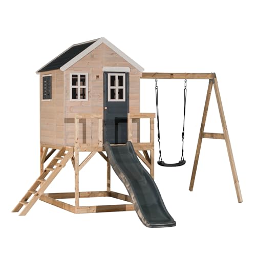 Wendi Toys M24G Stelzenhaus Kinder Outdoor mit Rutsche und Schaukel, 330 x 350 x 242 cm, Grau, FSC Holz, Kinderspielhaus Garten - Mit Schaukel & Kunststoff Rutsche für Garten, Spielhaus Outdoor von Wendi Toys