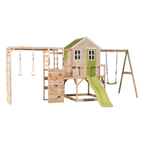 Wendi Toys M24L-G Kinderspielhaus Outdoor mit Rutsche, Schaukel & Kletterwand, 342 x 508 x 242 cm, Grün – Holz Stelzenhaus für Kinder, Outdoor-Klettergerüst, Stelzenhaus Kinder Outdoor von Wendi Toys