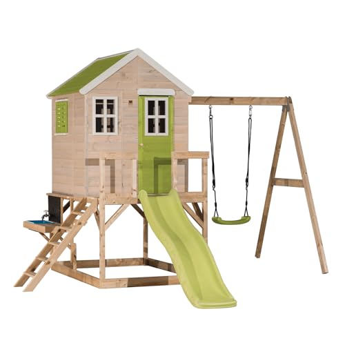 Wendi Toys M24L-K Kinder Garten-Spielhaus mit Rutsche, Schaukel & Küchenbereich, 330 x 350 x 242 cm, Grün, FSC Holz – Kinderspielhaus Outdoor mit Matschküche & Klettergerüst von Wendi Toys