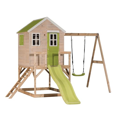 Wendi Toys M24L Spielhaus Kinder Outdoor Holz mit Rutsche, Kletterhaus Kinder Outdoor, 330 x 350 x 242 cm, Grün, FSC Holz, Schaukel mit Gestell, Robustes Spielturm, Spielplatz für Garten von Wendi Toys