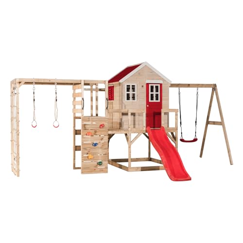 Wendi Toys M24R-G Kids Outdoor Spielhaus mit Fitnessgeräten, Schaukel, Rutsche, 340x510x242 cm, rot - stabile Gartenstruktur für aktiven Spiel- und Fitnessspaß von Wendi Toys