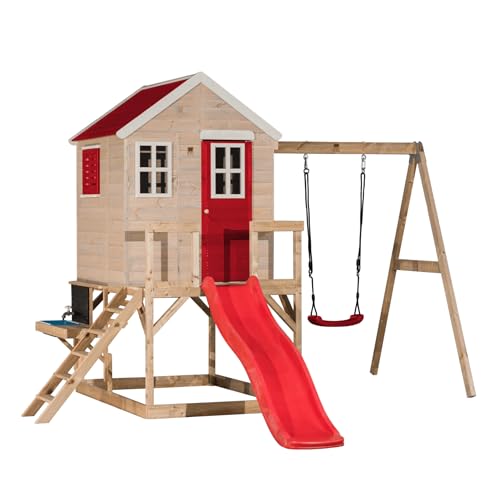 Wendi Toys M24R-K Gartenspielhaus für Kinder mit Küchenset, Schaukel, 177 cm Rutsche, 340 x 350 x 242 cm, Rot – Robuste Holzkonstruktion für kreative Erkundungen und Spaß im Freien von Wendi Toys