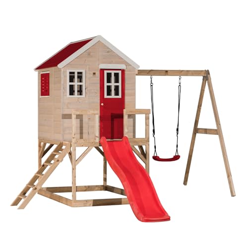 Wendi Toys M24R Stelzenhaus Kinder Outdoor mit Rutsche und Schaukel, 330 x 350 x 242 cm, Rot, FSC Holz, Klettergerüst Outdoor für Kinder 3-7 Jahre, Spielturm mit Rutsche von Wendi Toys