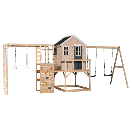 Wendi Toys M27G-G Kinder Outdoor-Spielhaus mit Klettergerüst & Doppelschaukel, 197 x 563 x 242 cm, Grau, FSC Holz – Kinder Kletterturm mit Turnstange, Kletterwand & Ringen für aktiven Spielspaß von Wendi Toys