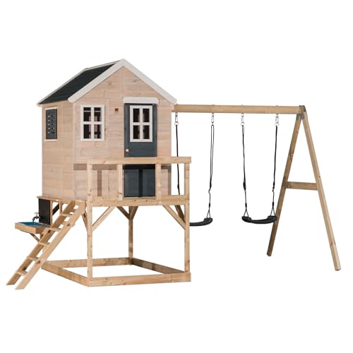 Wendi Toys M27G-K Kinderspielhaus Outdoor Holz mit Küche & Doppelschaukel, 192 x 405 x 242 cm, Grau – Kreatives Garten-Spielhaus für Kinder mit Spielküche, perfekt für den Außenbereich von Wendi Toys