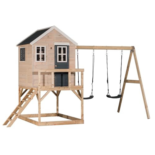 Wendi Toys M27G Kinderspielhaus Outdoor mit Doppel-Schaukel & 90 cm Plattform, 192 x 405 x 242 cm, Grün, FSC-Holz, Garten Spielhaus für Kinder, wetterfestes Holzspielhaus, Spielgerät für draußen von Wendi Toys