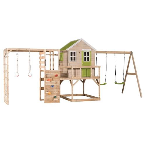 Wendi Toys M27L-Gym Spielhaus Kinder Outdoor mit Gymnastikgerüst & Schaukel, 197 x 563 x 242 cm, Grün, FSC Holz – Stelzenhaus mit Reckstange, Kletternetz & Doppelschaukel für Garten Abenteuer von Wendi Toys