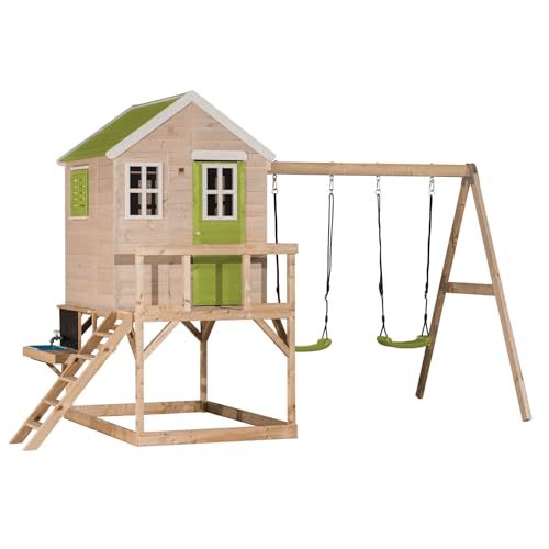 M27L-K Outdoor-Spielhaus mit Schaukeln und Matschküche für Kinder – Gartenspielhaus aus FSC Holz, 192 x 405 x 242 cm, Grün – Kreativer Spielplatz für fantasievolles Spielen von Wendi Toys