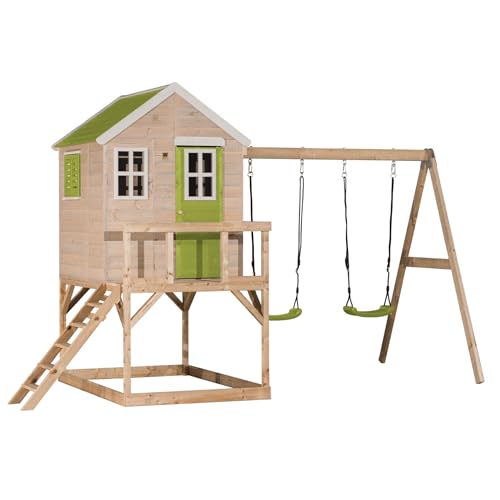 Wendi Toys M27L Baumhaus Garten Kinder mit Schaukelgerüst und 90 cm Plattform, 192 x 405 x 242 cm, Grau, FSC Holz, Outdoor-Spielhaus Kinder, Klettergerüst und Holzschaukel, robust & wetterfest von Wendi Toys