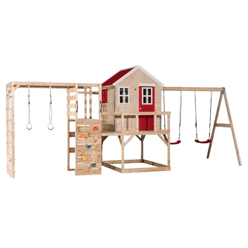 Wendi Toys M27R-G Outdoor Spielhaus mit Turnhalle und Doppelschaukel, 200x560x242 cm, rot - Premium Spielgeräte aus Holz für Kinder, schneller Aufbau für Hinterhofspaß von Wendi Toys