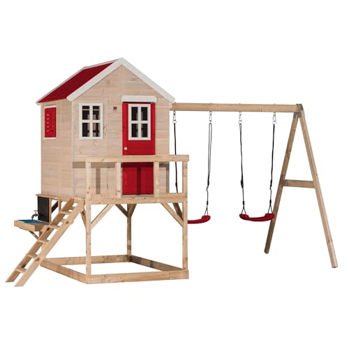 M27R-K Spielhaus Kinder Garten mit Veranda, Schaukeln und Küche – Hochwertiges FSC Holz, 192 x 405 x 242 cm, Rot – Perfektes Spielgerät für Garten und Outdoor-Abenteuer von Wendi Toys