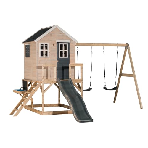 Wendi Toys M28G-K Kinder-Spielhaus aus Holz mit Küchenset und Doppelschaukel, 340 x 400 x 242 cm, grau – Robustes Outdoor-Haus zum fantasievollen Kochen und Spielen, einfacher Aufbau von Wendi Toys