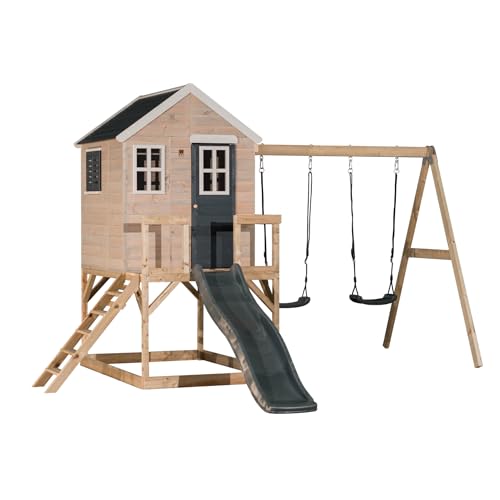 Wendi Toys M28G Spielhaus mit Rutsche und Doppelschaukel, 177 cm Rutsche, 330 x 405 x 242 cm, Grau – Stabiles Holzspielhaus, Schneller Aufbau, Ideales Outdoor-Spielgerät für Kinder von Wendi Toys