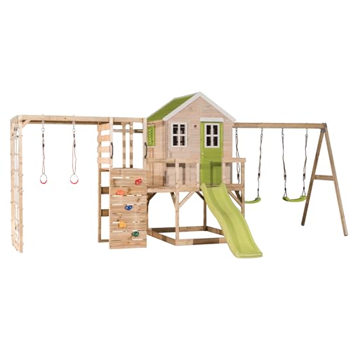 Wendi Toys M28L-G Kinder Spielhaus mit Doppelschaukel, Klettergerüst Outdoor, 342 x 563 x 242 cm, Grün, FSC Holz, Gartenspielgerät mit Rutsche, Kletternetz & Gymnastikringe, Spielplatz für Garten von Wendi Toys