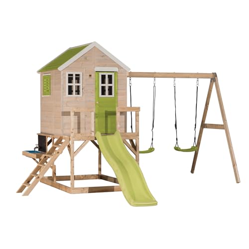 Wendi Toys M28L-K Kinderspielhaus Outdoor mit Schaukelgestell, Rutsche & Matschküche, FSC Holz, Grün, 330 x 405 x 242 cm – Abenteuer & Kreativität im eigenen Garten von Wendi Toys