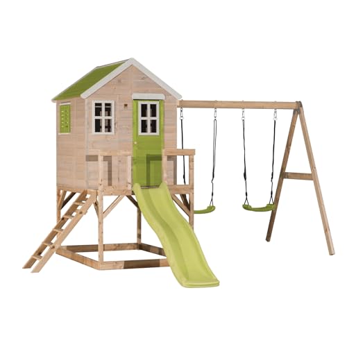 Wendi Toys M28L Outdoor-Spielhaus mit Doppelschaukel, 177 cm Rutsche, 330 x 405 x 242 cm, Grün – Robustes Holzspielhaus, einfach aufzubauen, tolles Klettergerüst für Kinder von Wendi Toys