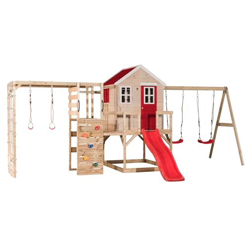 Wendi Toys M28R-G Kinder-Holzspielplatz mit Rutsche und Doppelschaukel, 340 x 560 x 242 cm, Rot – Premium-Qualität, einfacher Aufbau, sicher und langlebig zum Spielen im Freien von Wendi Toys