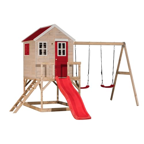 Wendi Toys M28R Gartenspielhaus mit Doppelschaukel, 177 cm Rutsche, 330 x 405 x 242 cm, Rot – Hochwertige Holzkonstruktion, schneller Aufbau, hervorragendes Spielgerät für draußen von Wendi Toys