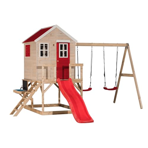 Wendi Toys M28R-K Kinder-Spielhaus aus Holz mit Küchenset und Schaukel, 340 x 400 x 242 cm, Rot – Robustes Outdoor-Haus für fantasievolles Spielen und Kochen, Schneller Aufbau von Wendi Toys