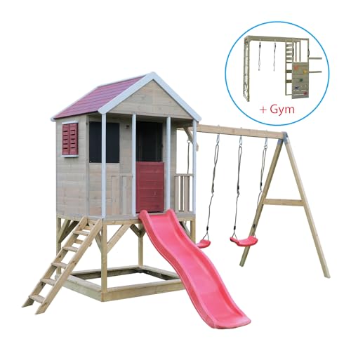 Wendi Toys M29R-G | Outdoor-Spielgeräte für Kinder aus Holz mit Doppelschaukel, Rutsche, Sandkasten und Fitnesszubehör | Kinder-Klettergerüst, Schaukel-Set, Spielgeräte | Rot | ab 3 Jahren von Wendi Toys