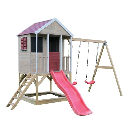 Wendi Toys M29R Gartenhaus Kinder, Rutsche mit Schaukel, Sandkasten, 290 x 405 x 242 cm, Rot, FSC Holz, Spielturm Outdoor mit Schaukelgestell Holz, für Kinder ab 3 Jahren von Wendi Toys