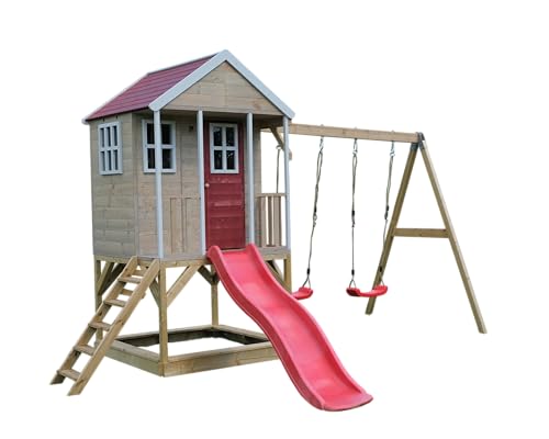 Wendi Toys M30R Outdoor-Spielgeräte für Kinder, Holz-Spielhaus mit Doppelschaukel, Rutsche, Sandkasten, Klettergerüst, Schaukel-Set, Spielgeräte für Abenteuer, Rot, ab 3 Jahren von Wendi Toys